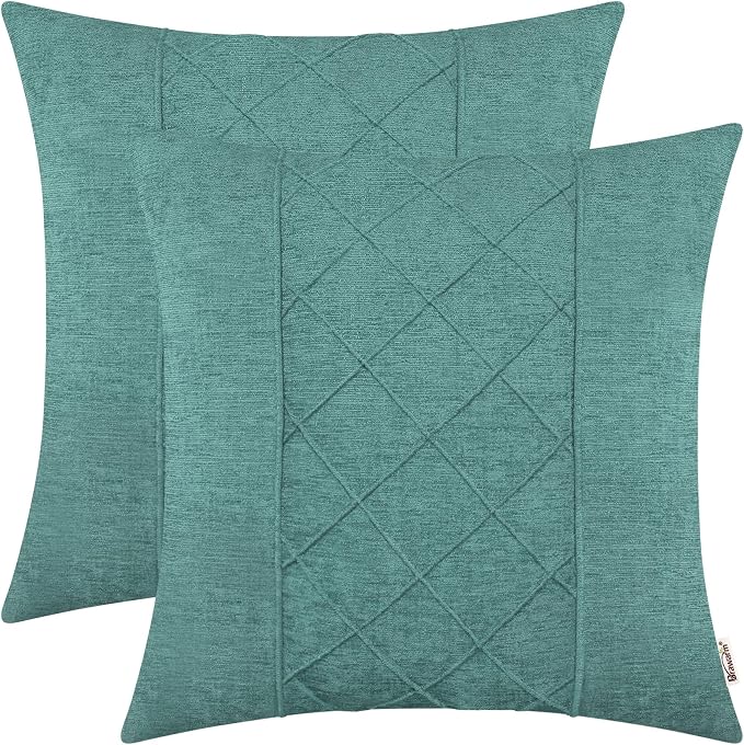 BRAWARM Chenille Throw Pillow Covers 18x18 Inches, Teal, 2 Pack | Decorative Pleated Pillow Covers, Soft Cushion Cases for Sofa Bed Living Room Home Farmhouse (No Insert)