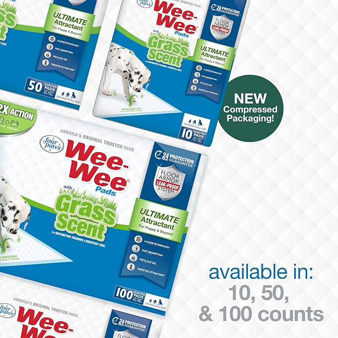 Four Paws Wee-Wee Ultimate Attractant Dog Pee Pads for Instinctive Training, Leak-Proof Floor Protection Dog & Puppy Quilted Potty Training Pads, Grass Scent, 22" x 23" (50 Count) | Smells like real grass, leak-proof puppy pads, dog housebreaking & pot...