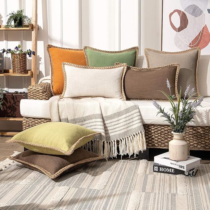 Phantoscope Farmhouse Solid Throw Decorative Pillow Cover Burlap Linen Trimmed Tailored Edges Outdoor Pillow Off White 20 x 20 inches, 50 x 50 cm, Pack of 1