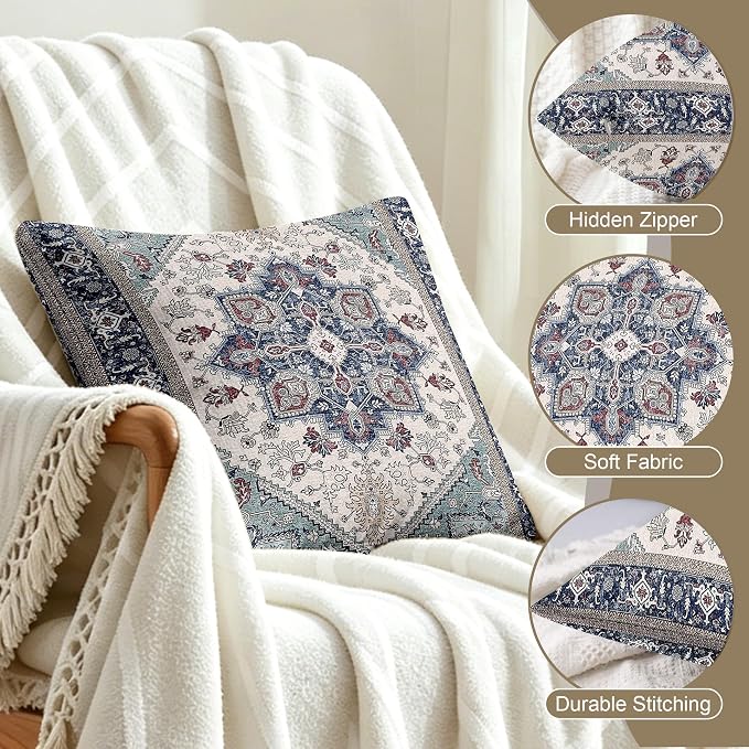 Boho Throw Pillow Covers 18x18 inch Set of 2,Soft Pillowcases Bohemia Carpet Printing Pattern Decorative Sofa Living Room Bed Square Pillow Case Cushion Cover-Blue Cyan
