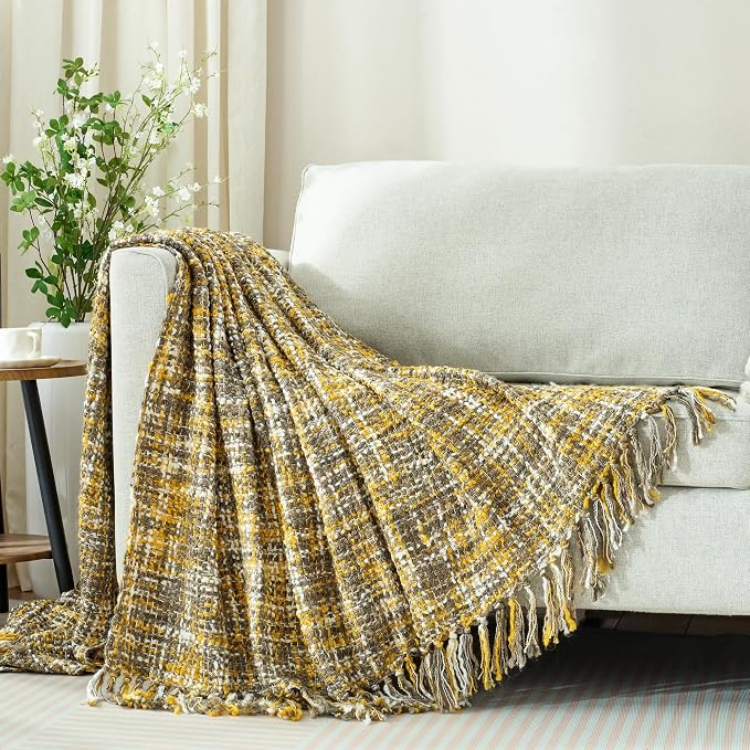 Multi-Color Cable Woven Throw Blanket for Couch - 50"X60" | Multicolored Boho Style,Super Soft Warm Cozy Chunky Blankets with Decorative Tassels for Bed and Sofa,Gold