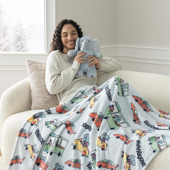 Berkshire Mo Willems® VelvetLoft® Throw Blanket - Super Soft Plush Elephant & Piggie Character Design - Cozy Home Decor, Elephant_Piggie Vroom Vroom, 50 in x 70 in(Official Mo Willems® Product)
