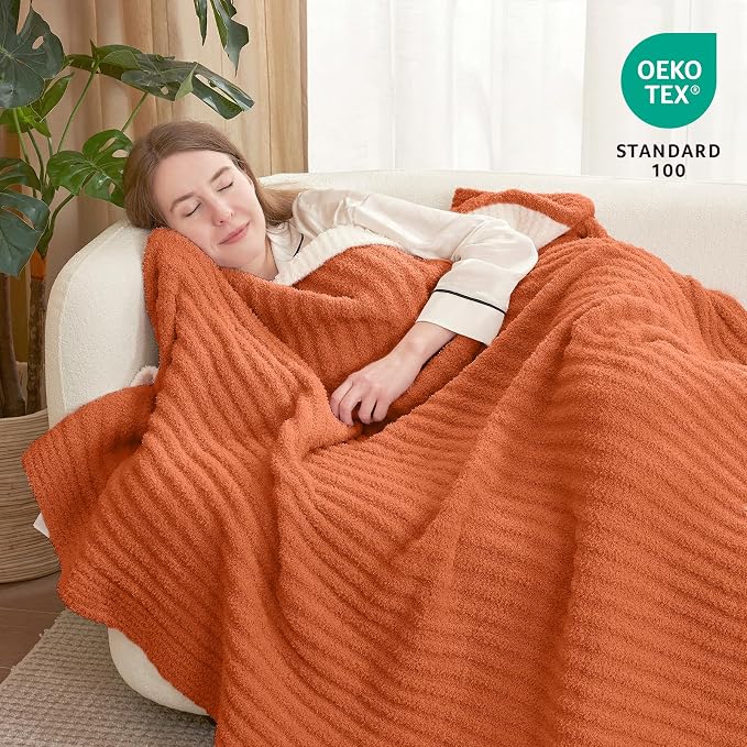 Snuggle Sac Burnt Orange Fall Throw Blanket for Couch, Fuzzy Microfiber Knit Halloween Blankets for Couch, Sofa, Travel, Burnt Orange, 50x60 inches