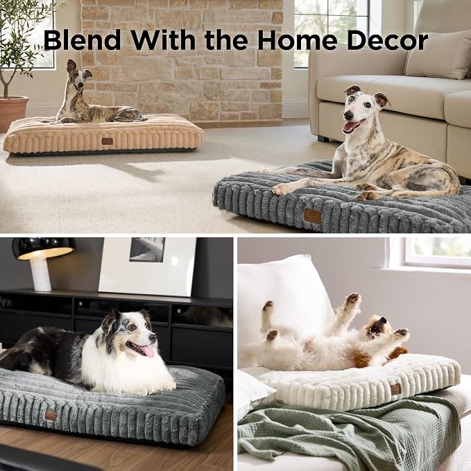 Bedsure ComfyFleece™ Fluffy Balanced Support XL Dog Bed,47x29 | Golden Ratio Chopped Foam & PP Cotton, Home Decor,Waterproof Liner, Removable Washable Cover, Nonslip Bottom,Sandy Beige