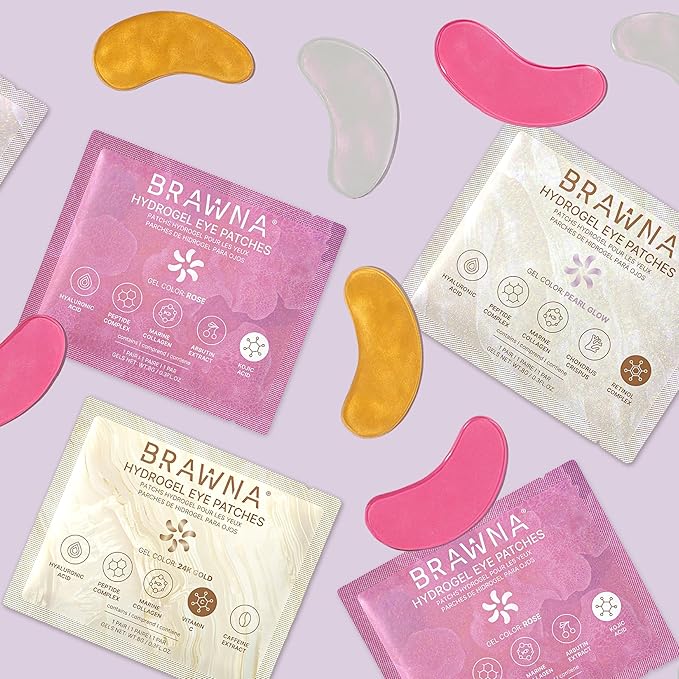 BRAWNA UnderEye Patches – Hydrogel Masks with Vitamin C, Caffeine & Collagen – For Dark Circles, Puffy Eyes, Wrinkles & Tired Skin – 24K Gold Skincare – 24 Pairs