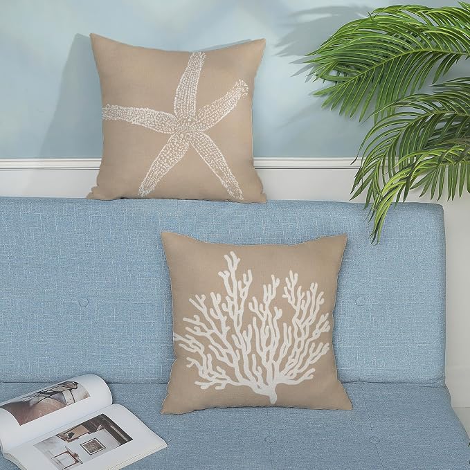 Coastal Pillow Covers 18x18 Inch Set of 2 Brown Tan Coral Starfish Throw Pillows Summer Nautical Beach Ocean Decorations Linen Pillowcase Outdoor Decor Farmhouse Cushion Case for Home Bedroom
