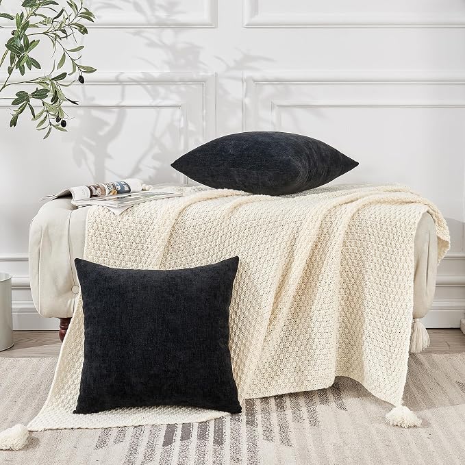 GAWAMAY Decorative Throw Pillow Covers 16x16 Inch Set of 2, Super Soft Chenille Pillows Farmhouse Fall Square Pillowcase for Living Room Bedroom Sofa Couch Cushion Cover Black 40x40cm (No Insert)