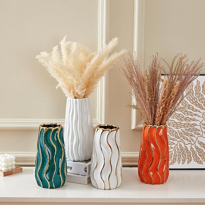 Ceramic Vase, Orange Vase for Home Decor,Decorative Flower Vase, Vertical Stripe Ceramic Vases for Home Décor, Bedroom, Office, Living Room, Bathroom, Tabletop Decor, Centerpiece (Orange)