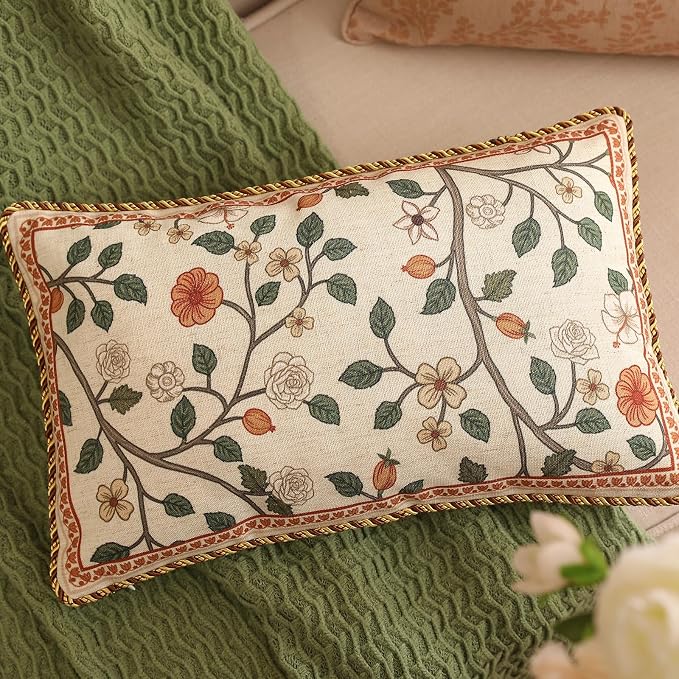 Designer Elegant Vintage Linen Throw Pillow Cover,20"x12"-Flora A | French Rectangle Decor Pillow Cover,Concealed Zipper Design,Floral Pattern,Sofa,Bedroom,Living Room,Lounge Chairs