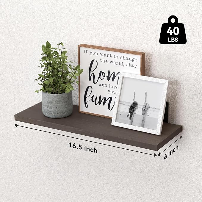 Wood Floating Shelves Set of 6, Shelves for Wall Decor, Farmhouse Shelf for Bedroom, Bathroom Storage Shelves, Book Shelves for Living Room, Dark Brown