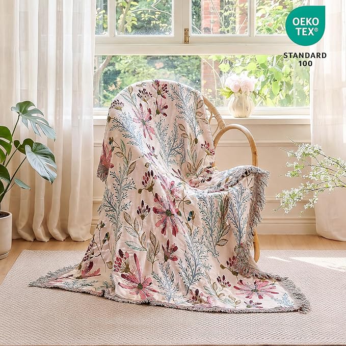 MSGKV Boho Throw Blanket 60"x80" 100% Cotton Floral Blanket for Couch Bed | 100% Cotton Muslin, Floral Throw Blanket, Reversible Weave, Lightweight Comfort, Cozy Home Decor, Machine Washable