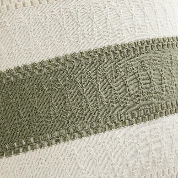 2pk Boho Pillow Covers 16x16, Natural White/Contrast/Green | 100% Organic Cotton Body, Stripe Embroidery, Farmhouse Decorative Cushion Covers for Sofa Bed Living Room Home Decor