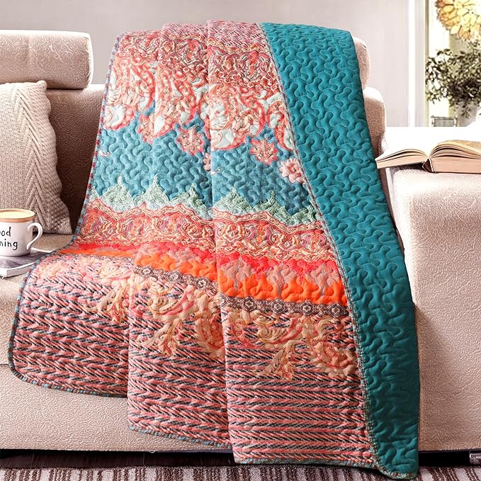 Exclusivo Mezcla Reversible Boho Quilted Throw Blanket, 50"x 60" | Lightweight Summer Quilt Throw, Designed for Bed/ Couch/ Sofa, Teal and Orange Striped Pattern