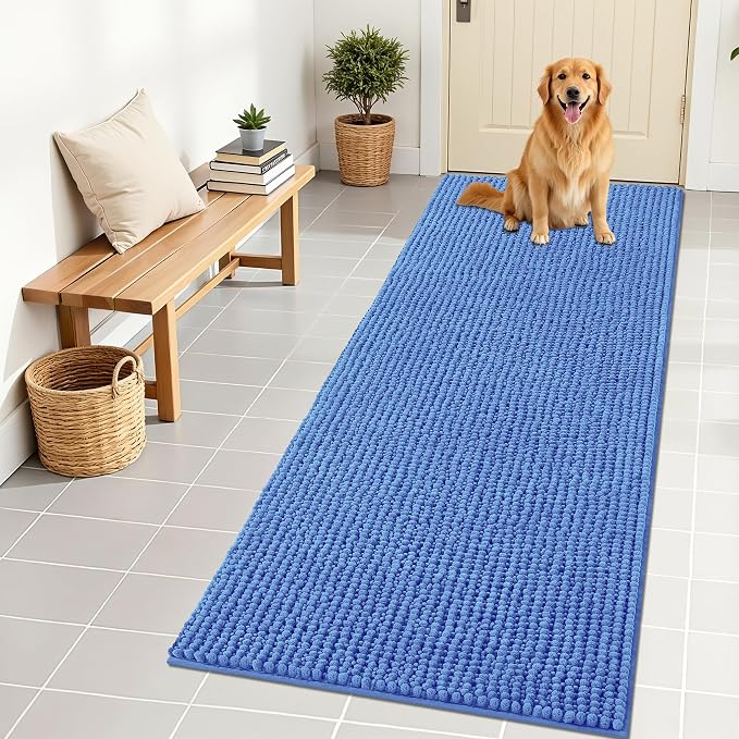 OLANLY Dog Door Mat for Muddy Paws 70x24, Extra Absorbent Chenille Mud Mat | Cornflower Blue, Absorbs Moisture and Dirt, Non-Slip Machine Washable Doormat, Quick-Dry Indoor Entryway Floor Mat for Dogs