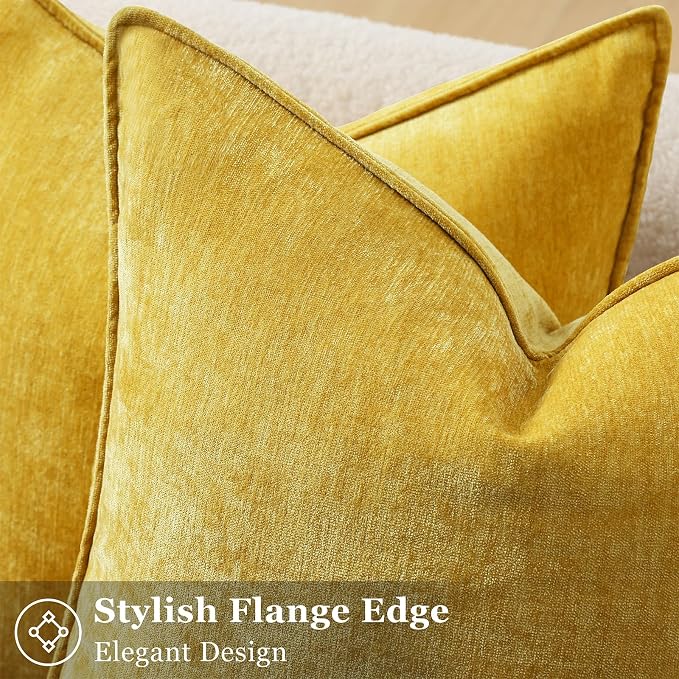 decorUhome Chenille Mineral Yellow Throw Pillow Covers 22x22 Set of 2 | Fall Soft Euro Sham Couch Decorative Modern Velvet Pillow Cases with Elegant Design for Sofa Bed Living Room Home Decor