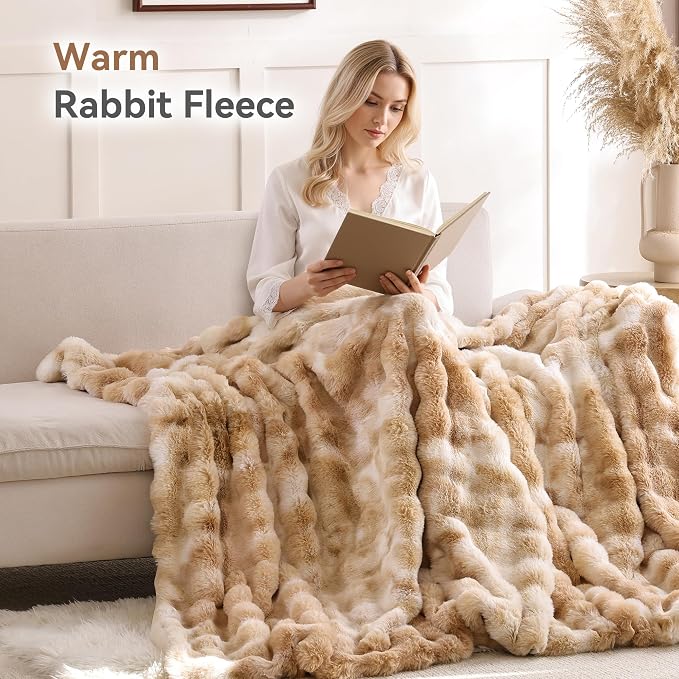 Faux Fur Throw for Couch - Tie-dye Camel Bubble Blanket 50"x60" | Fluffy Plush Fuzzy Throw for Sofa & Bed, Super Soft Cozy Comfrt Blanket, Luxury Aesthetic Camel Decor Gift for Women