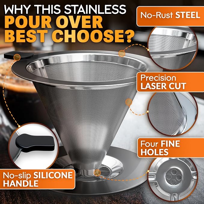 Stainless Steel Pour Over Coffee Maker With Cleaning Brush & Non-Slip Silicone Handle - 2 Cups Capacity 600 Mesh Stainless Steel Pour Over Coffee Dripper With Secure Wide Base, Clean Flavor Paperless