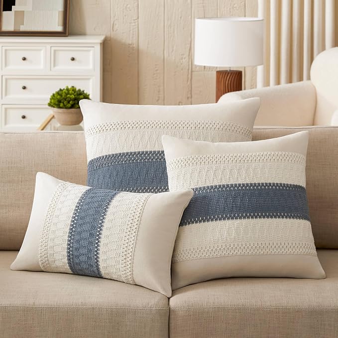 2 Pack Boho Throw Pillow Covers, Contrast Grey Navy 20x20in | Soft Breathable Cotton, Farmhouse Decorative Couch Pillow Cases, Cushion Covers for Sofa Bed Living Room Home Decor