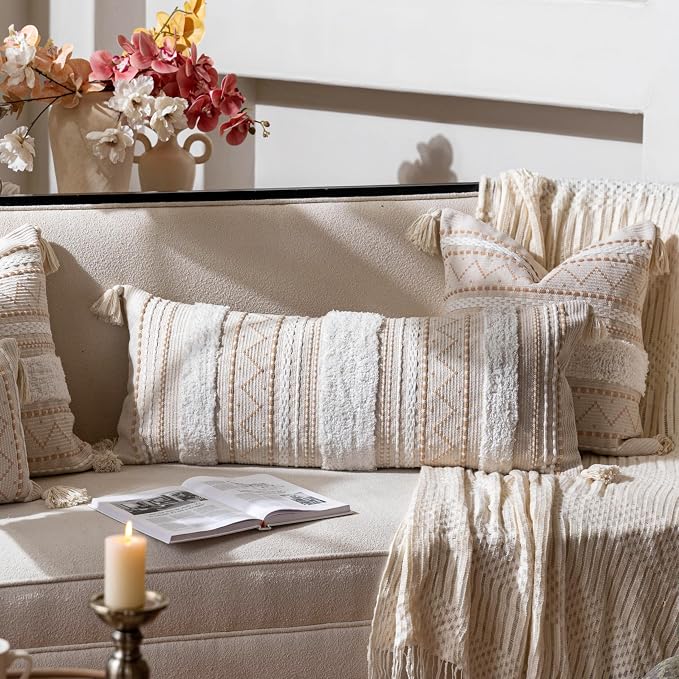 14x36 Lumbar Pillow Cover for Bed, Rectangular Long Decorative Throw Pillowcase, Boho Accent Cushion with Tufted Pattern and Tassels, Cream Beige Neutral (Cover Only)
