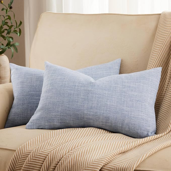 Rustic Linen Lumbar Pillow Covers Set of 2, Blue 12x20in | Textured Pillow Case, Rustic Cotton Linen Fabric, Modern Farmhouse Cushion Covers for Sofa Bed Living Room Home Decor