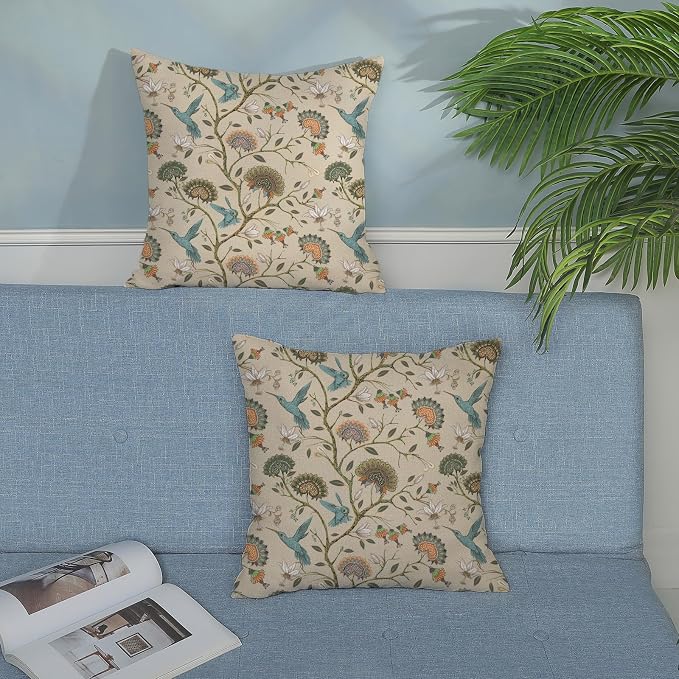 Chinoiserie Pillow Covers 18x18 Inch Set of 2 Blue Green Bird Floral Throw Pillows Vintage Plants Flower Decorations Pillow Cases Outdoor Chinoiserie Decor Linen Cushion Cover for Couch Home