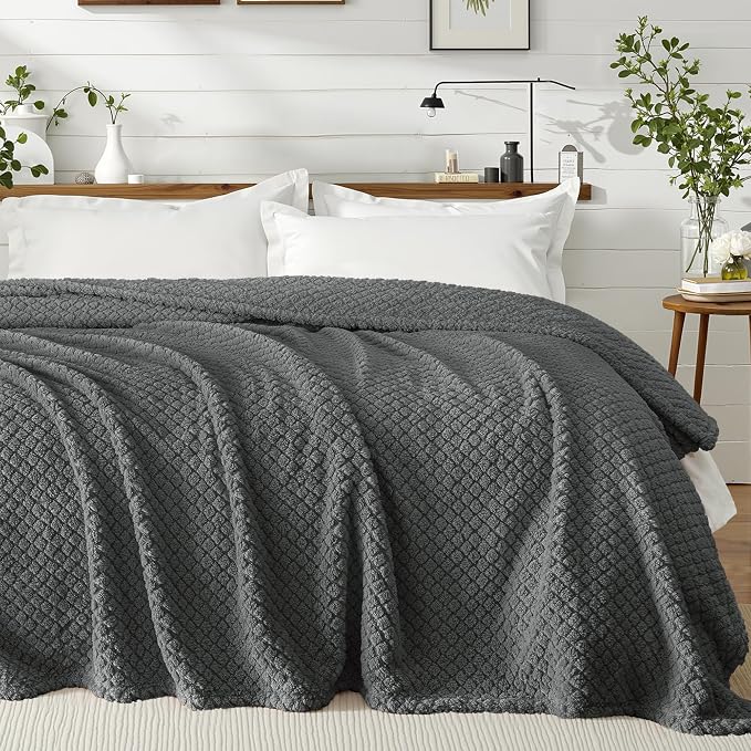 Exclusivo Mezcla Soft Fleece Queen Size Blanket for Bed, Dark Grey | Jacquard Lightweight Cozy Bed Blanket, Breathable Decorative Fuzzy Textured All Season Use, 90x90 Inches
