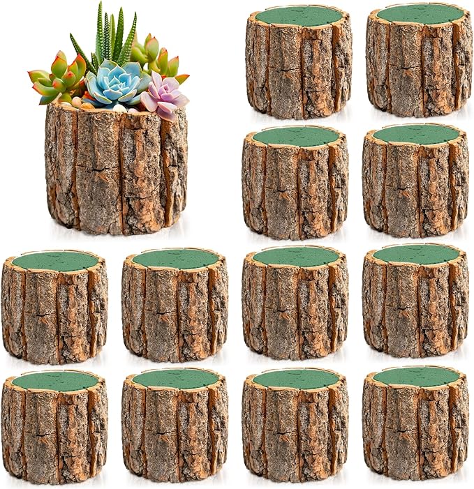 12 Set 3.5in Wooden Vases for Centerpieces, Wedding Flower Table Wood Vase Rustic Tree Stump Planter Pots with Foam Blocks for Woodland Party Home Farmhouse Table Decor (12 Set with Flower Foam)