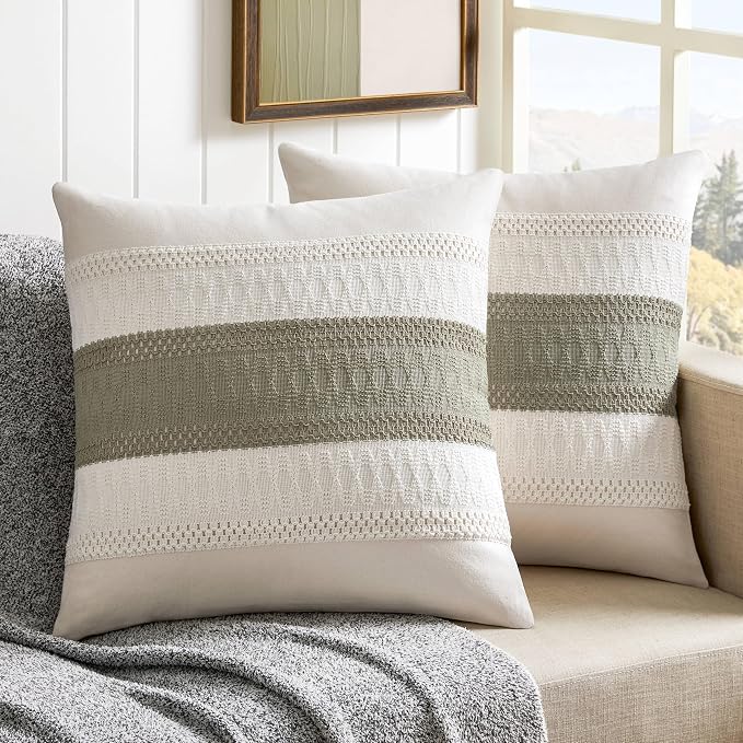 2 Pack Boho Throw Pillow Covers, Contrast Dark Sage 24x24in | Soft Breathable Cotton, Farmhouse Decorative Couch Pillow Cases, Cushion Covers for Sofa Bed Living Room Home Decor