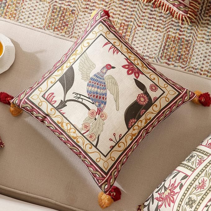 patdrea Vintage Linen Throw Pillow Cover,18"x18",Set of 2-Schumacher C | Elegant Decorative Pillow Case,Bird Pattern with Tassel Pendant,Cushion Coverfor Couch Living Room Bedroom Sofa