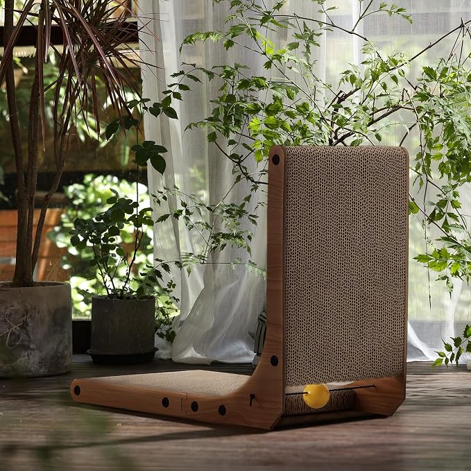 FUKUMARU Cat Scratcher, 18.9 Inch L Shaped Cat Scratch Pad for Indoor Cats | Vertical Cat Scratching Board with Ball Cat Toy, Cardboard Cat Scratcher for Wall Sofa Couch, Kitten Scratching Post