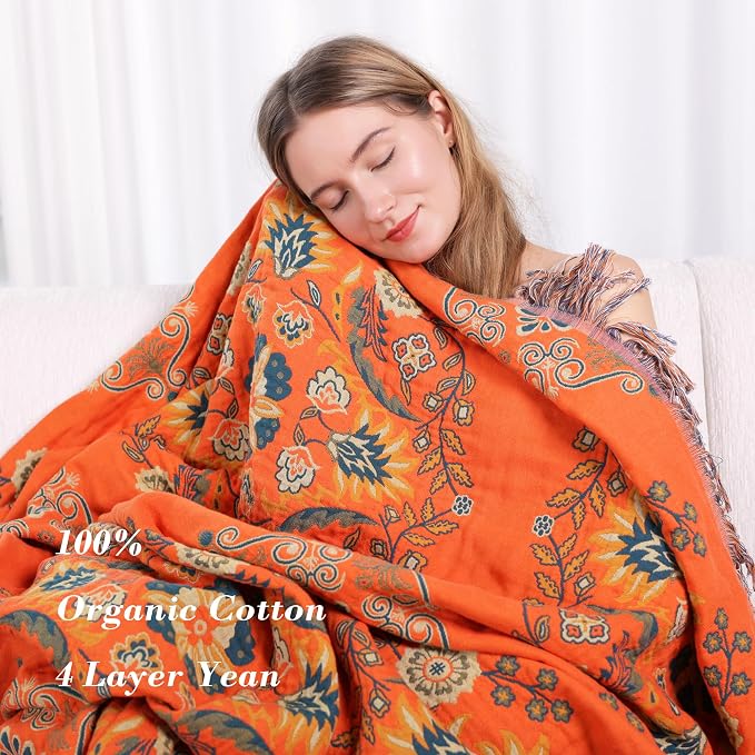 VANJOROY 100% Cotton Throw Blanket, Muslin Breathable Soft Bed Quilt Orange Throw - Bohemian Floral Farmhouse Decor Blanket for Sofa Couch Chair and Gift. 50" x 60"