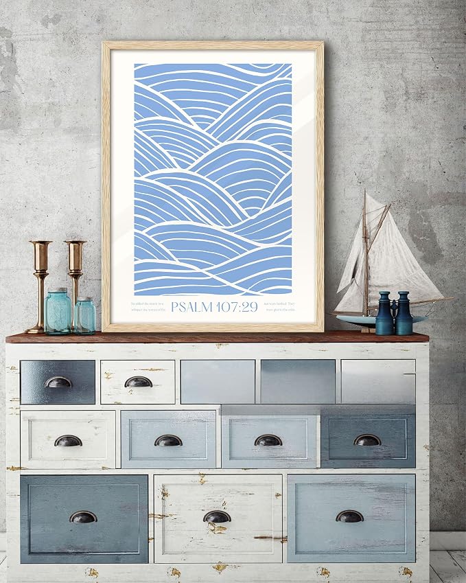EcoHest 16x20 in Psalm 107:29 Ocean Waves Framed Christian Wall Art | Solid Oak Wood Frame with Canvas Wall Art, Scripture Bible Verse Decor for Bedroom, Living Room, Office, Church, 1Pack