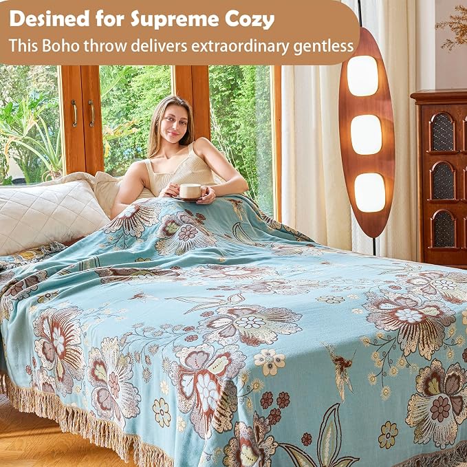 VANJOROY Boho Throw Blanket 80" x 90", 100% Organic Cotton Breathable Skin-Friendly Ultra Soft Bed Quilt Blue Throw - Floral Rustic Decor Luxury Reversible Blanket for Sofa Couch Chair and Gift,