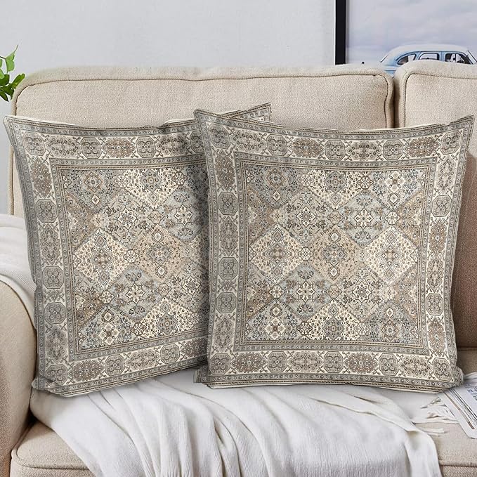 Boho Floral Throw Pillow Covers 24x24 inch Set of 2,Boho Rug Geometric Floral Pattern Decor Double Sided Pattern Cushion Cover Soft Pillow Case Living Sofa Room Bed Square Pillow Cover