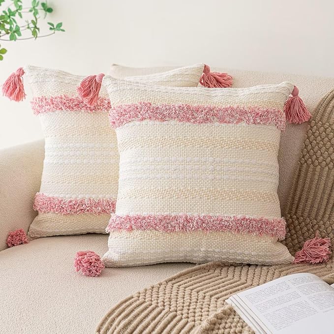 BUIOVBEY Boho Throw Pillow Covers Woven Tufted Pillow Cases with Tassels | Farmhouse Pillows Covers 18x18 Set of 2 Textured Striped Cushion Case Neutral Decorative Pillowcase for Sofa Couch Bed Pink