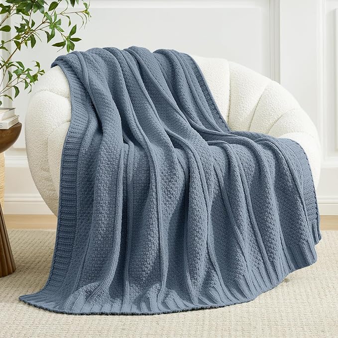 Chenille Throw Blanket for Couch, Soft Cozy Chunky Knit Blanket, Moss Stitch Throw for Sofa, Bed, Living Room, Lightweight Warm Home Decor, Dusty Blue 50"x60"
