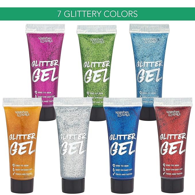 Body Glitter Paint Gel - 7 Color Costume Set for Women, Girls - 10 ml Tubes Holographic Shimmer Effect for Hair, Body, Face - Great for Festival, Costume Party, Halloween - by Splashes and Spills