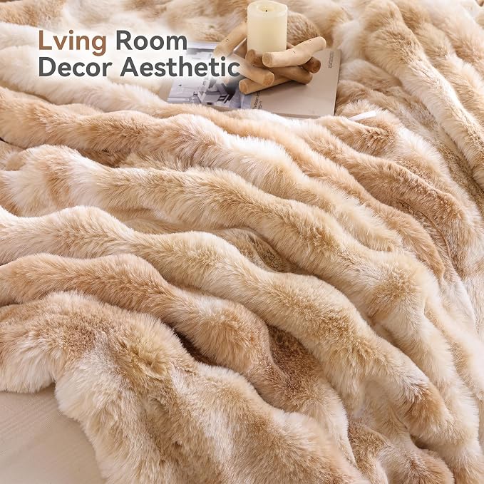 Faux Fur Throw for Couch - Tie-dye Camel Bubble Blanket 50"x60" | Fluffy Plush Fuzzy Throw for Sofa & Bed, Super Soft Cozy Comfrt Blanket, Luxury Aesthetic Camel Decor Gift for Women