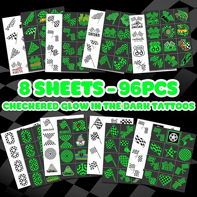 96 PCS Funny Race Car Checkered Flag Glow In The Dark Pre-Cut Black and White Temporary Tattoos Sticker Birthday Party Decorations Supplies Favors Gifts Boys Girls (Luminous)