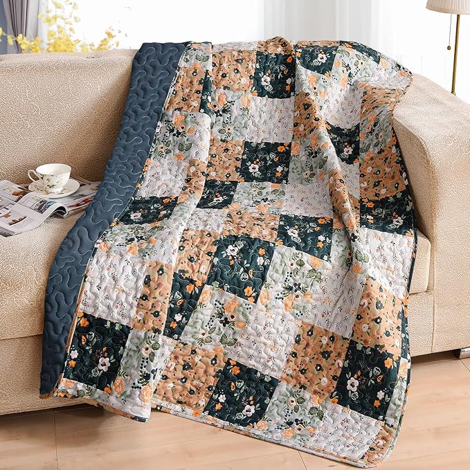 Exclusivo Mezcla Reversible Boho Quilted Throw Blanket, 50"x 60" | Lightweight Summer Quilt Throw, Designed for Bed/ Couch/ Sofa, Navy Patchwork Pattern