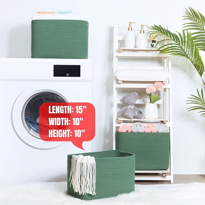 3-Pack Decorative Woven Storage Baskets for Shelves, Cube Bin Box for Organizing Books, Shoes, Dog Toys, Pantry Closet and Living Room Organizer, Forest Green