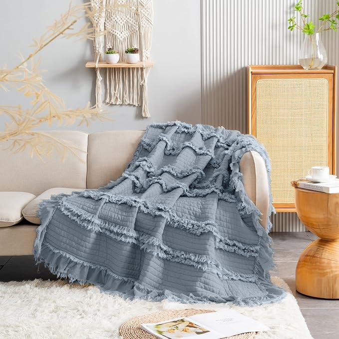 Ultra Soft Pre-Washed Quilted Throw Blanket, Ruffle Fringed Dark Blue Decorative Throw, Stone Washed Chic Rustic Blanket for Sofa Couch Bed Chair, 50"x 60"