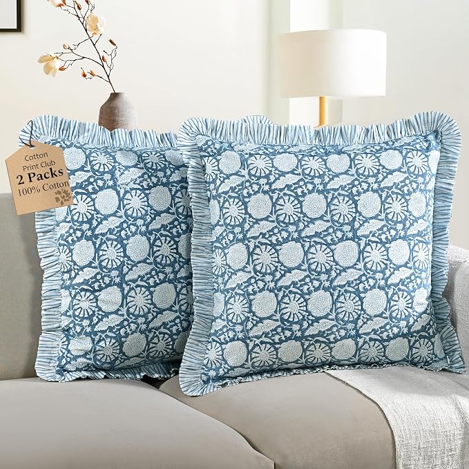 CPC Blue Meadow Hand Block Print 100% Cotton Ruffle Throw Pillow Cover 18x18 inch with Hidden Zipper Decorative for Couch, Bed, Sofa, Farmhouse, Cottagecore Decor Gift Christmas Fall Thanksgiving