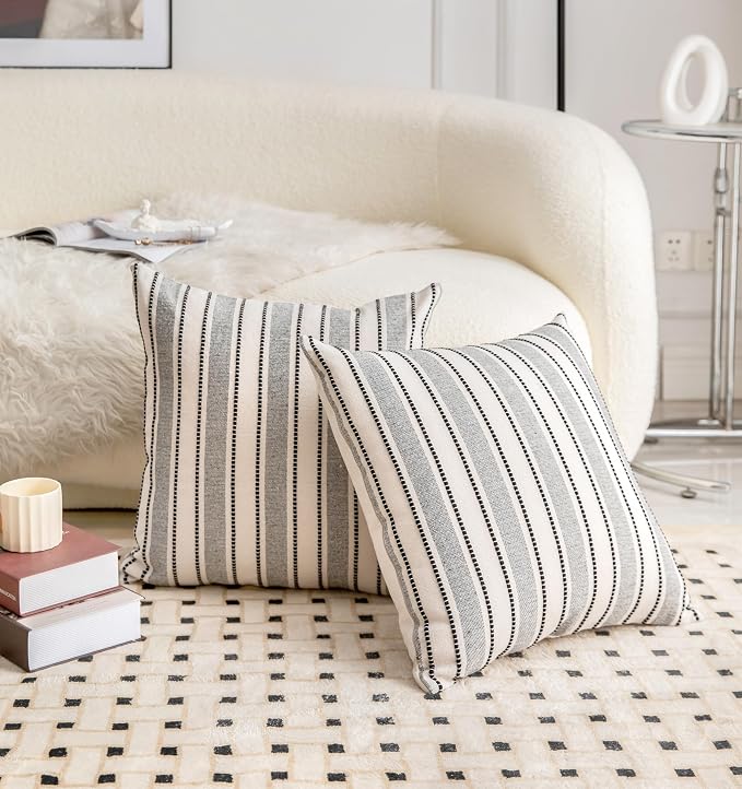 Cethom Decorative Boho Throw Pillow Covers, Farmhouse Textured Pillow Case, 20 x 20 Inch Set of 2, Chair Sofa Bedroom Living Room Home Decor Couch Cushion Case, Black and Beige Striped