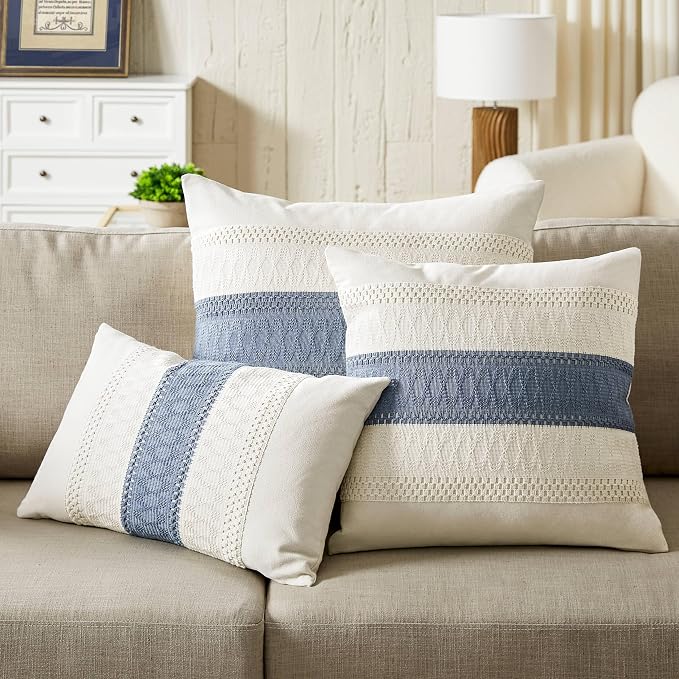 2 Pack Boho Throw Pillow Covers, Contrast Blue 24x24in | Soft Breathable Cotton, Farmhouse Decorative Couch Pillow Cases, Cushion Covers for Sofa Bed Living Room Home Decor