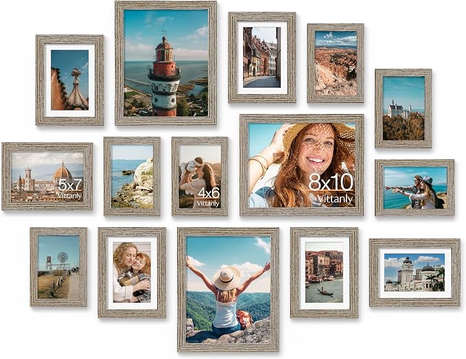 Vittanly 15 Pack Picture Frames Collage Wall Decor, Wall/Tabletop Display | Grayish Brown, Multi-Size Gallery Wall Frame Set: 3pcs 8x10, 6pcs 5x7, 6pcs 4x6. Picture Frame Set for Family