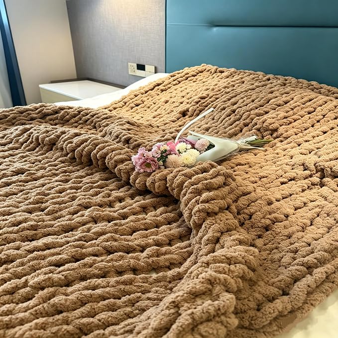 Soft Chunky Knit Throw Blanket for Couch, Cozy Warm Knitted Blankets | Hand Knit with Jumbo Chenille, Lightweight Warm Fluffy Decor for Women, Mom, Her & Girls,Sofa,Chair,Bed,40"×60"(Light Brown)