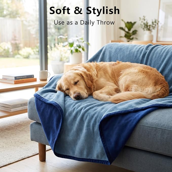 Waterproof Blanket - Reversible Dog Throw as Furniture Protector | Soft Velvet & Flannel, TPU Leak-Proof Liner, Machine Washable, Fits Couch and Bed, 82" x 108", Navyblue/Stoneblue