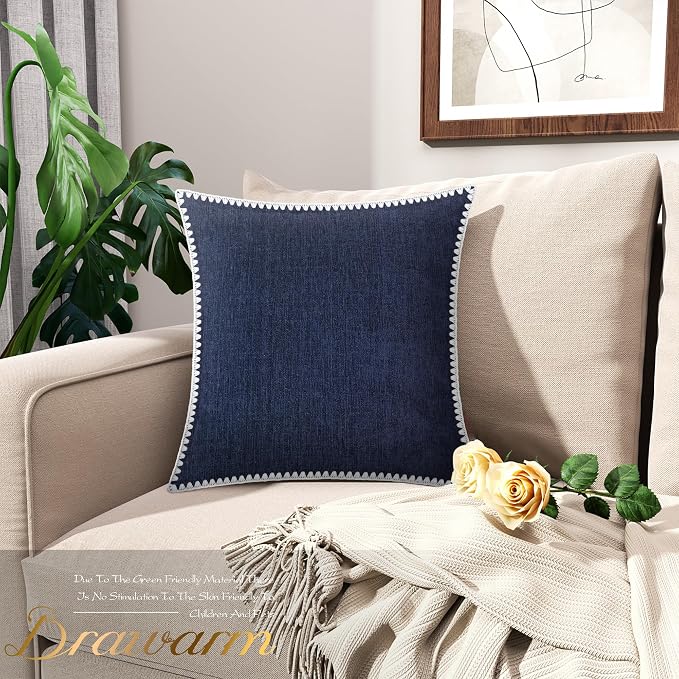 BRAWARM Chenille Throw Pillow Covers 18x18 Inches, Navy Blue, 2 Pack | Decorative Pillow Covers with Shell Edge, Soft Cushion Cases for Sofa Bed Living Room Home Farmhouse (No Insert)