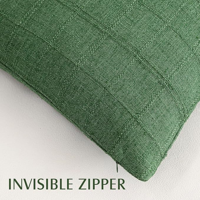 Foindtower Set of 2 Decorative Linen Check Throw Pillow Covers Neutral Farmhouse Vintage Cushion Covers Modern Boho Accent Home Decor for Sofa Chair Couch Bedroom Living Room,20×20 Inch,Forest Green
